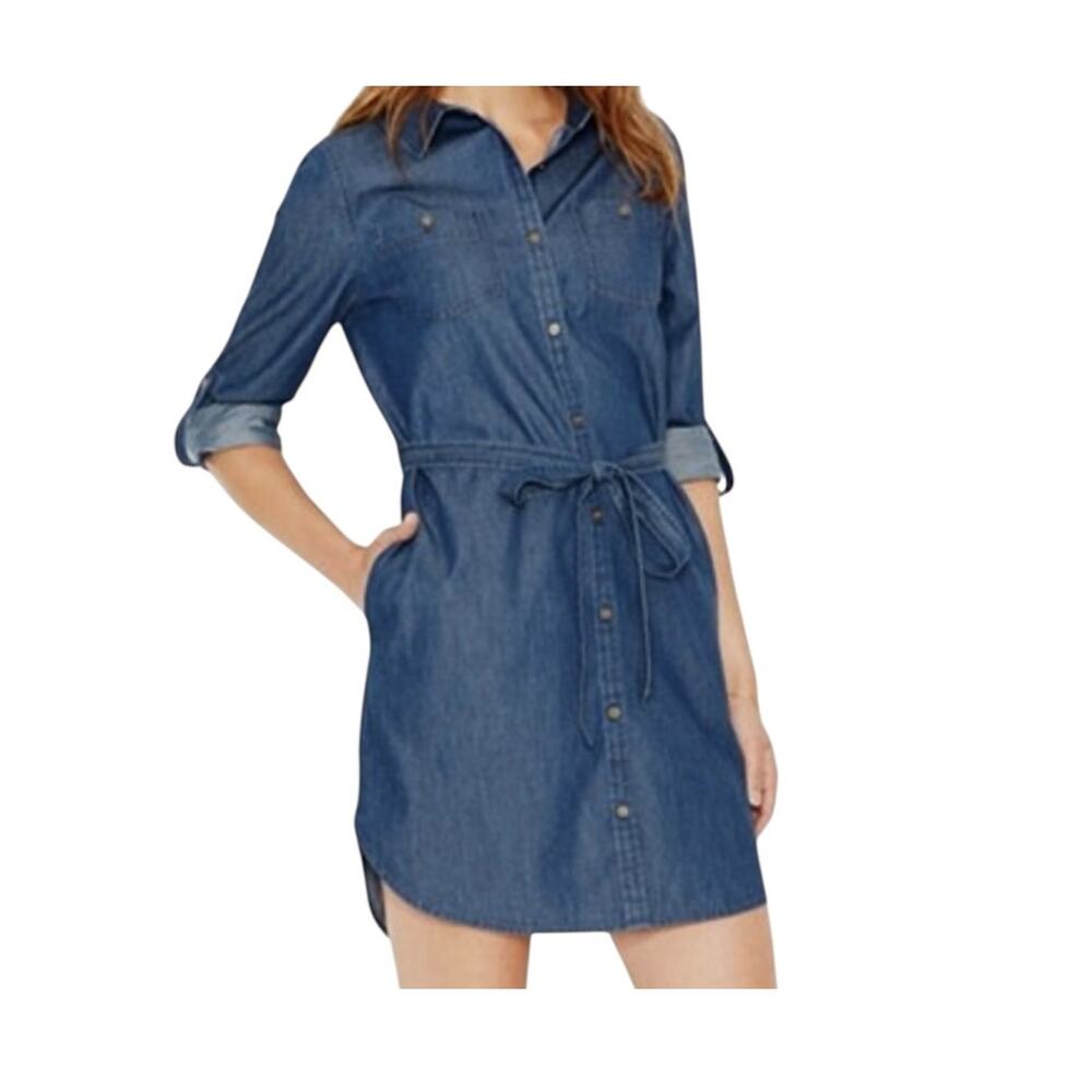 Maison Jules XS belted chambray button front shirt dress D2 2336
